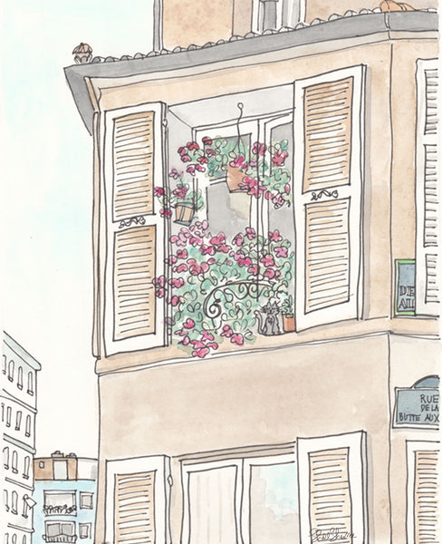 french wall art building shutters, flower balcony and cat by shell sherree