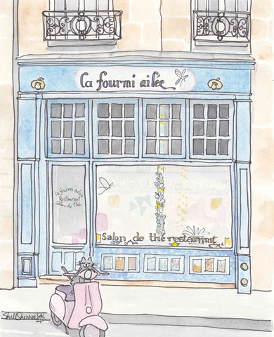french wall art tea salon and pink scooter paris illustration print shell sherree