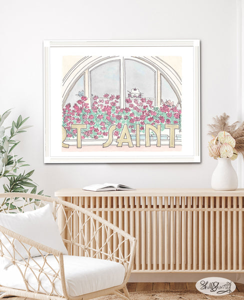 french wall art window arch flowers cat and saint by shellsherree