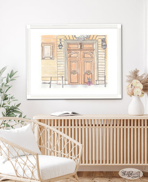 french doors wall art print Paris building with ballet cat by shell sherree