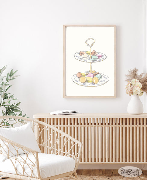 french bakery wall art print macarons on blue and white stand by shell sherree