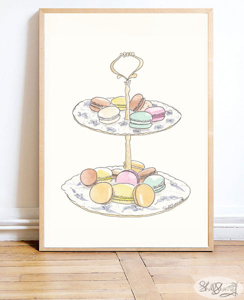 french bakery wall art print macarons on blue and white stand by shell sherree