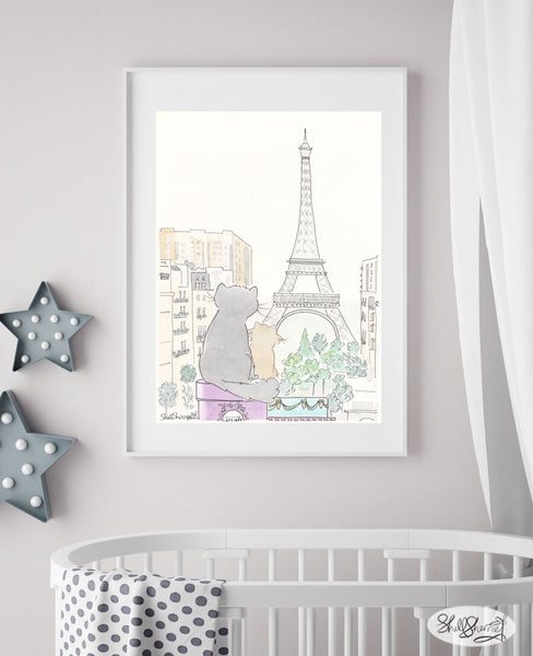 paris french nursery art cats with eiffel tower view shell sherree