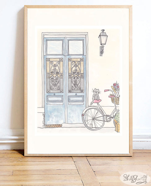 french wall art paris doors with bicycle and cat by shell sherree