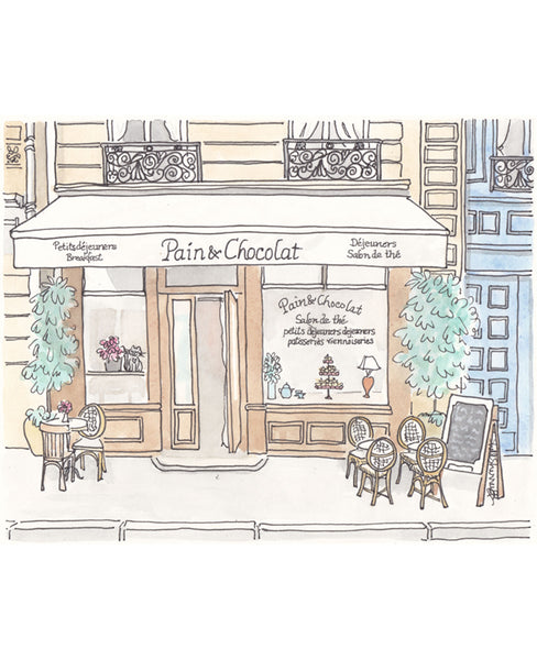 french cafe wall art print pain and chocolat paris illustration by shell sherree