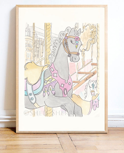 paris carousel pony noir art print by shell sherree