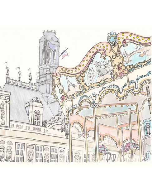 paris carousel wall art print hotel de ville illustration by shell sherree