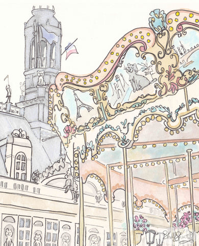 paris carousel wall art print hotel de ville illustration by shell sherree