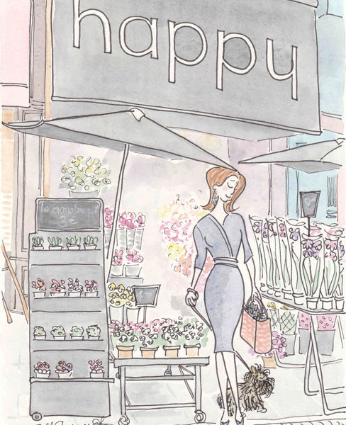 paris print happy flower shop woman cat dog by shell sherree