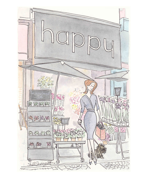 paris print happy flower shop woman cat dog by shell sherree