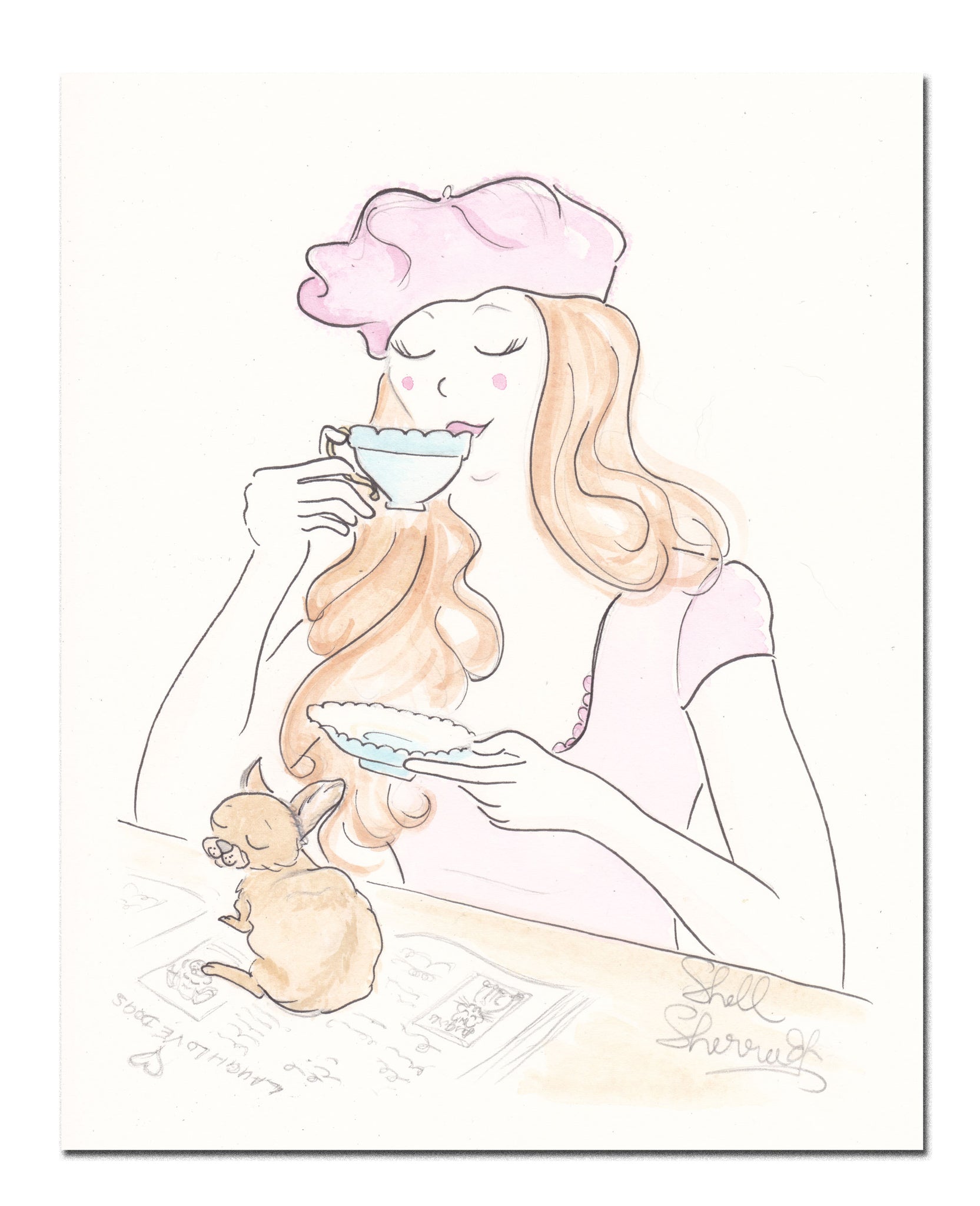 chihuahua dog art with pink beret and tea print by shell sherree