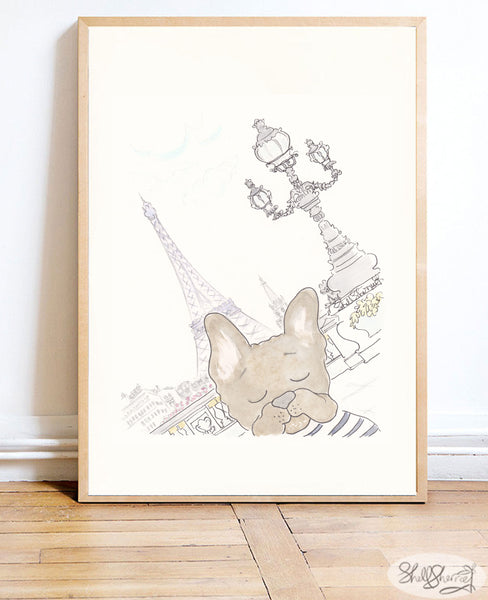french nursery wall art - french bulldog with Eiffel Tower and Pont Alexandre III Paris by shell sherree