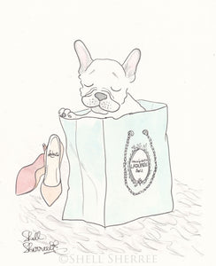 white french bulldog art print with laduree and shoes art by shell sherree