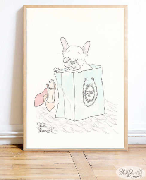 french bulldog wall art white frenchie in laduree bag with louboutin shoes illustration by shell sherree