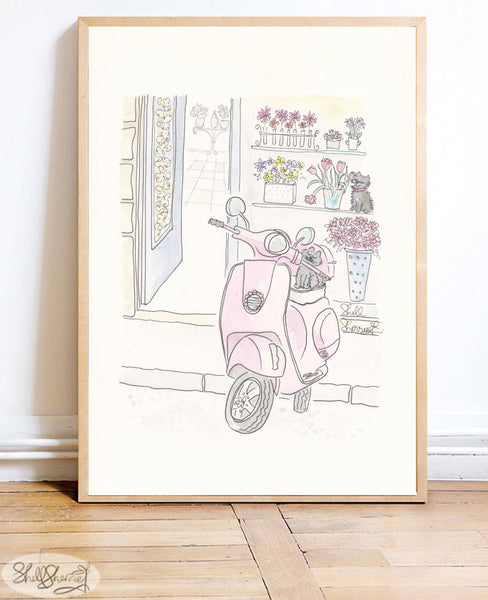 pink scooter art with cute cat, dog and flower shop by shell sherree