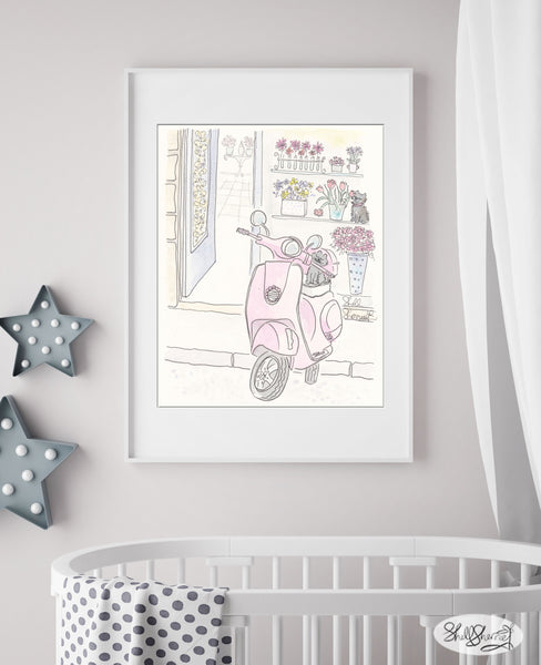 pink scooter art with cute cat, dog and flower shop by shell sherree