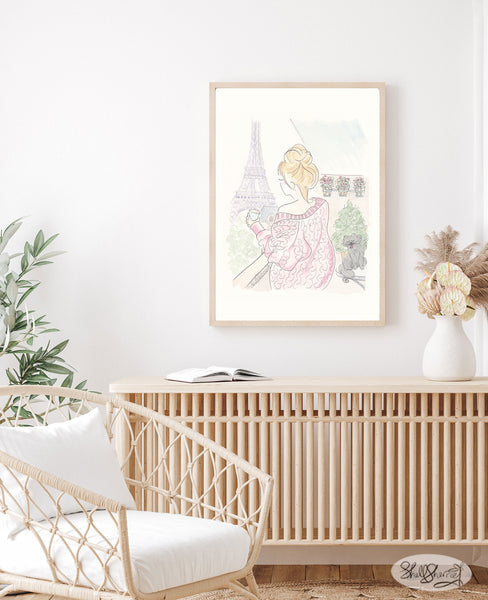 french wall art eiffel tower view woman with coffee and cat by shellsheree