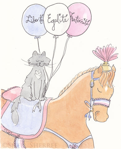 bastille day french theme horse with cat - art by shell sherree