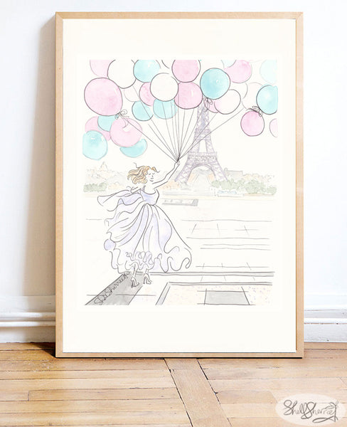 Paris wall art print Eiffel Tower and Bunches of Balloons by shellsherree