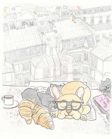 French Bulldogs Paris Rooftops Breakfast art print shell sherree