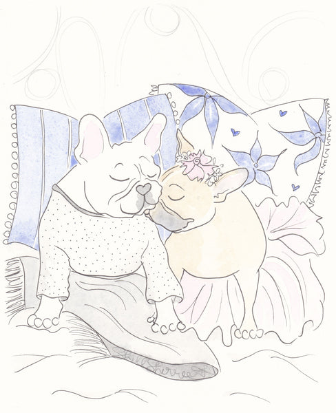 Sweet French Bulldog Snuggles in Bed art print shell sherree