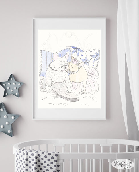 Sweet French Bulldog Snuggles in Bed nursery art print shell sherree