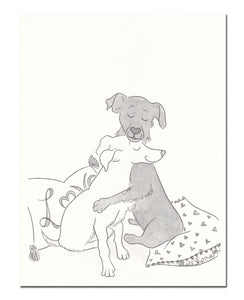 black and white dog hugs and love art by shell sherree