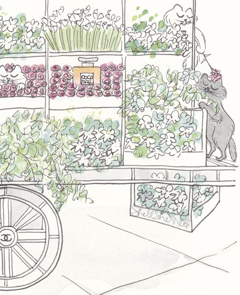 French Flower Cart with Cats Paris print by Shell Sherree