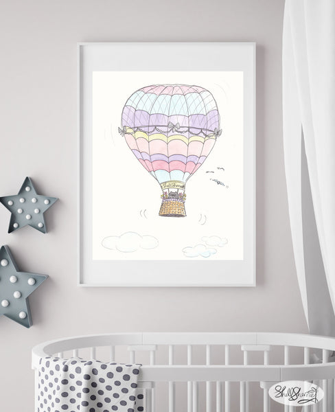 Hot Air Balloon with Tiny Cat nursery art print shellsherree