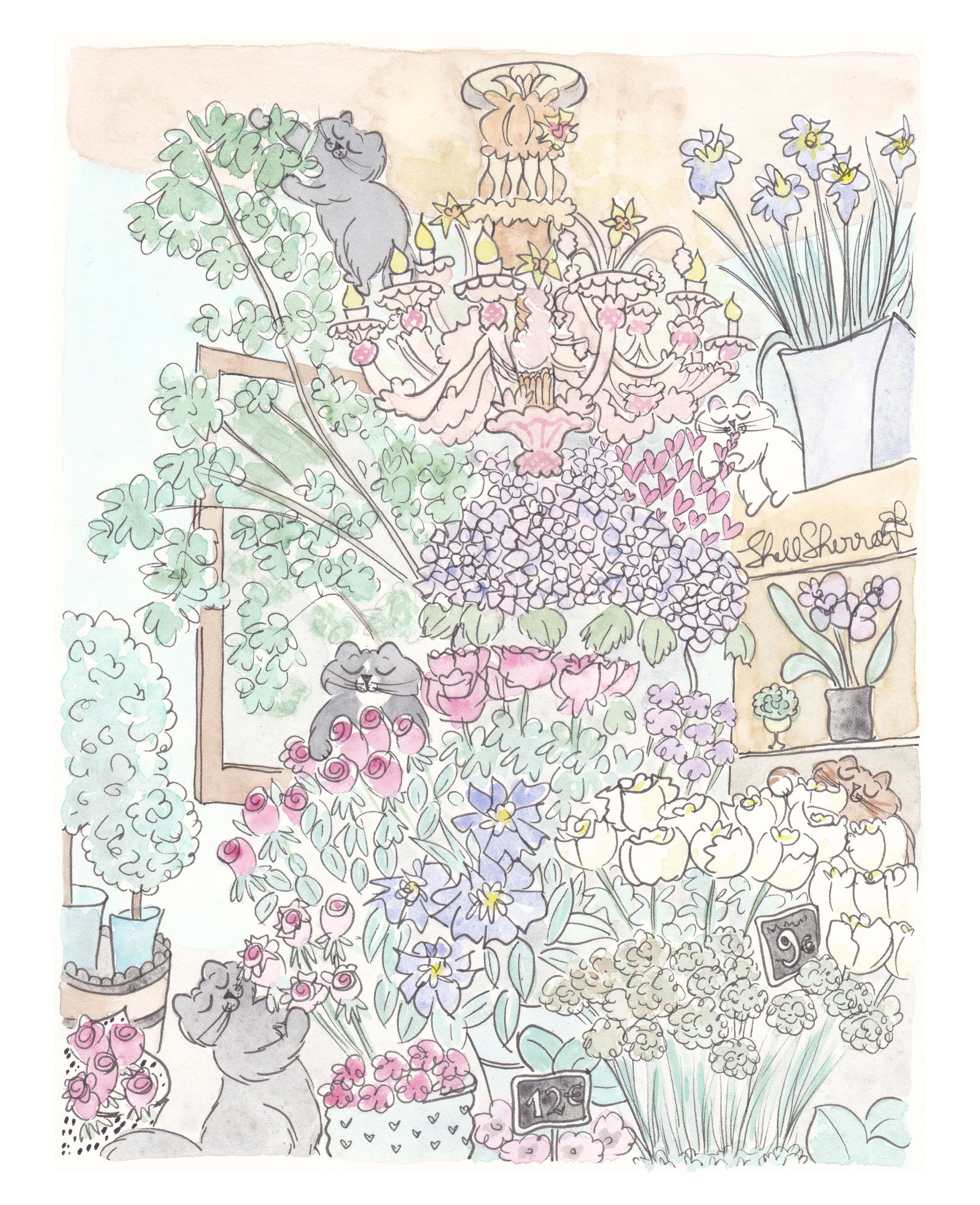 paris french flower shop with cats art by shell sherree