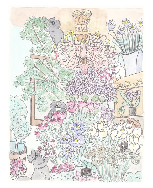 paris french flower shop with cats art by shell sherree
