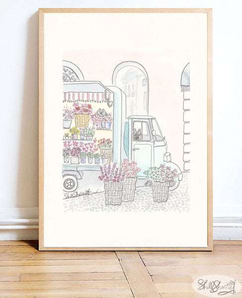 flower truck print florist van with dog and cat by shell sherree
