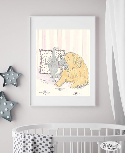 Golden Retriever and Kitty Cat Hugs nursery art print shellsherree