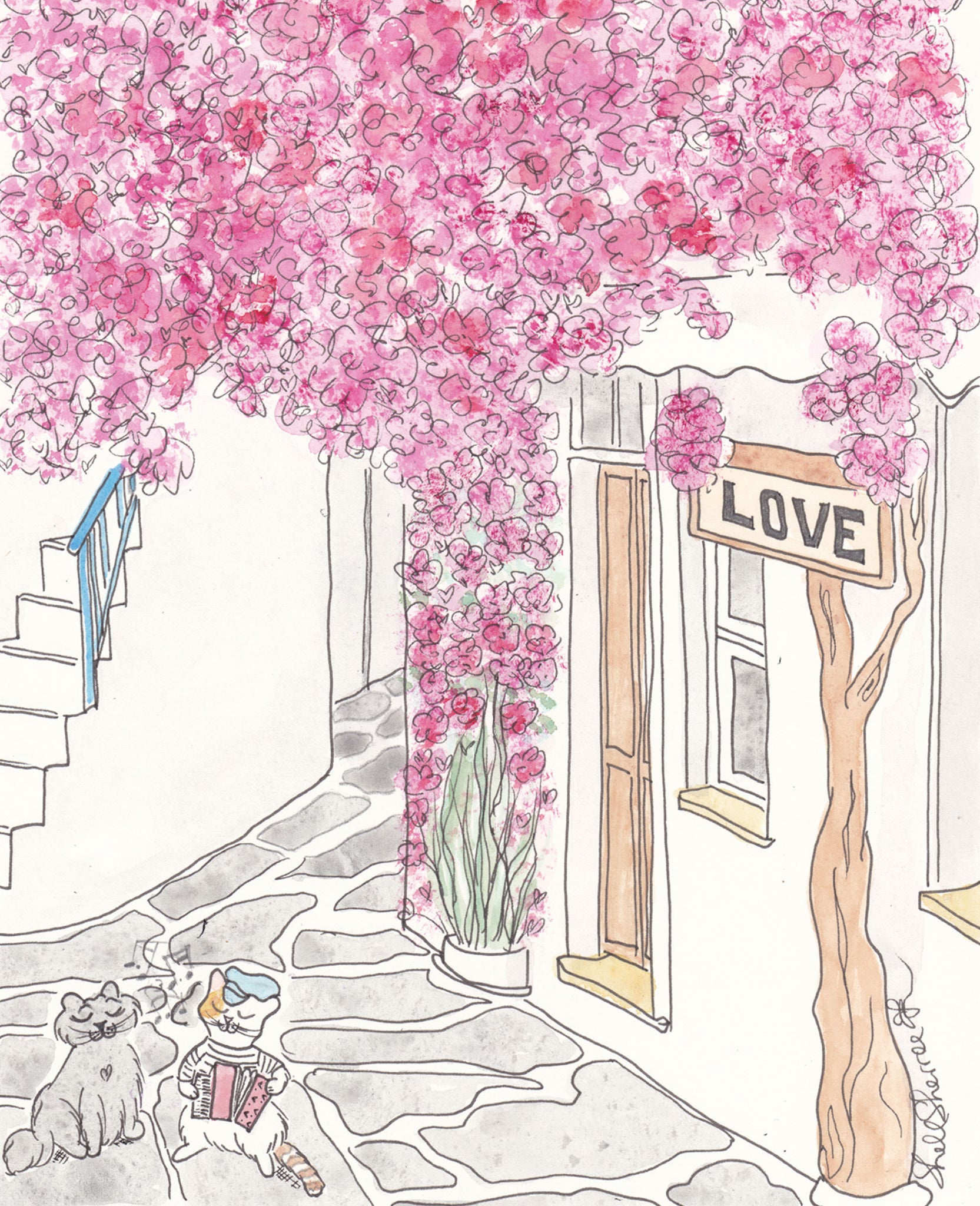 greece wall art pink flowers cats serenade by shell sherree
