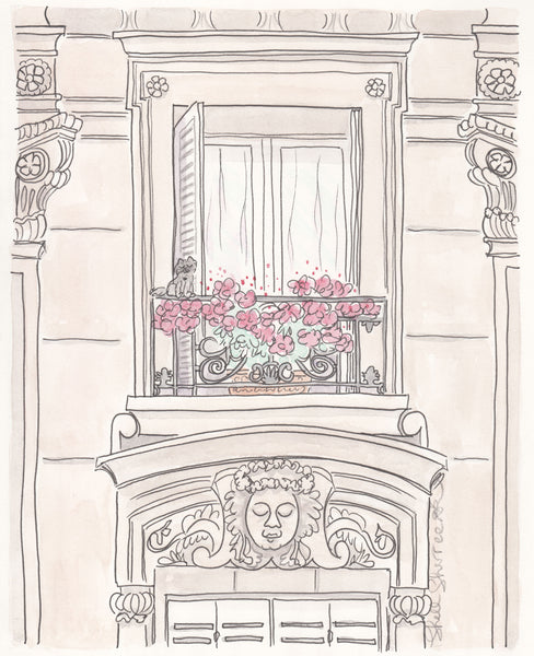 Paris print flowering balcony and kitty cat by shell sherree