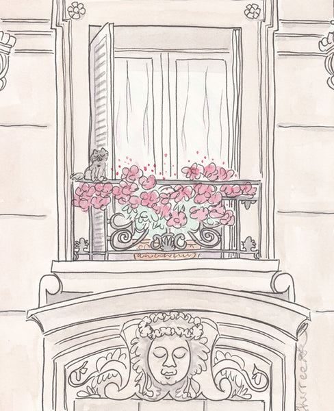 Paris print flowering balcony and kitty cat by shell sherree