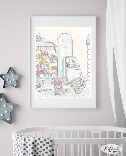 Flower Truck with Dog and Cat nursery art print shell sherree