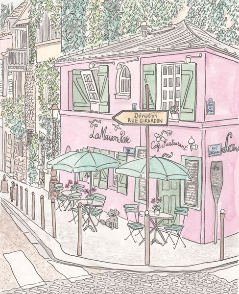pink la maison rose montmartre paris french wall art print illustration by shell sherree