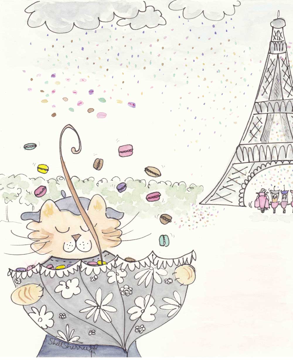 eiffel tower kitty cat and macaron showers paris art print by shell sherree