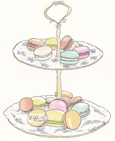 french macarons on blue and white stand art by shell sherree