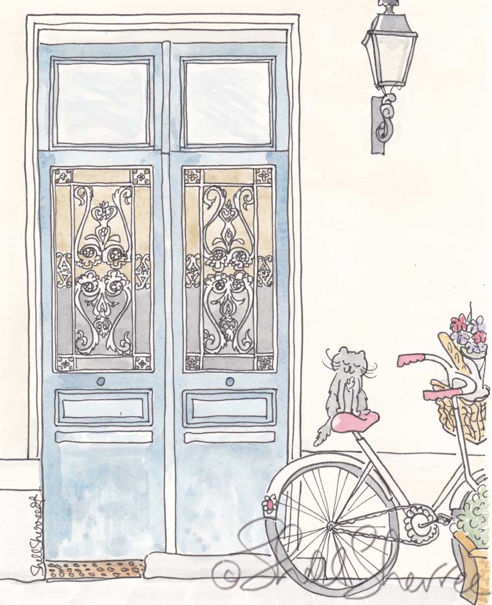 paris tour de kitty bicycle door and cat illustration by shell sherree