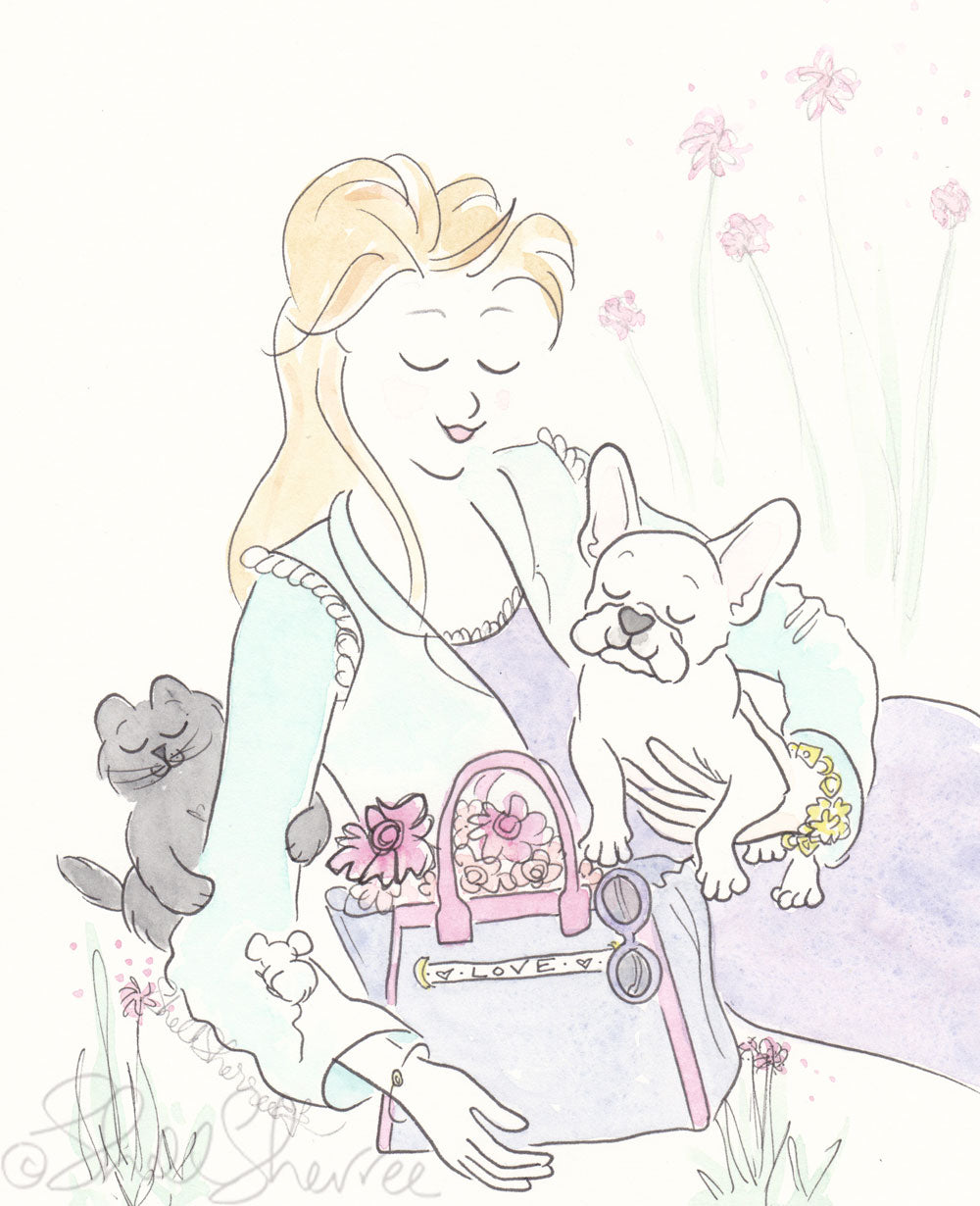 white french bulldog puppy cuddles in the park with black cat, shell sherree illustration