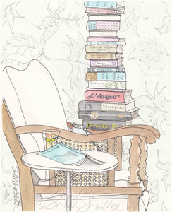 library wall art book illustration print date with a stack of light reading by shell sherree