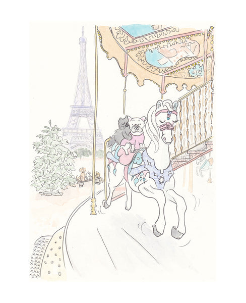 poppy frenchies white carousel pony ride in Paris by shell sherree