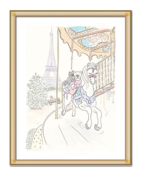 poppy frenchies white carousel pony ride in Paris by shell sherree
