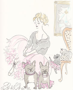 shell sherree print pink tutu pawty with french bulldogs, pup and cat