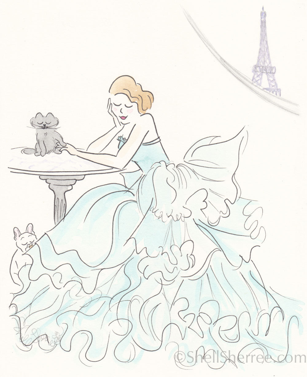 fashion illustration print by shell sherree, aqua ruffles, cat, eiffel tower