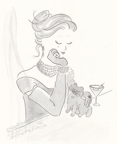 black and white fashion illustration, glam lady and cat by shell sherree