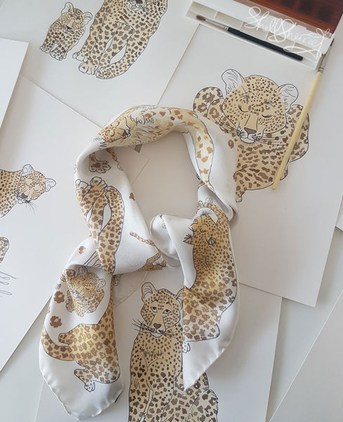 leopard scarf - silk scarf illustrated leopards by shell sherree